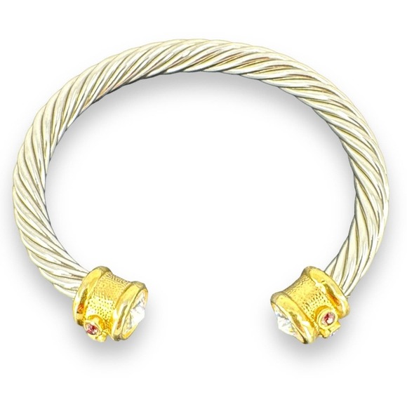 Retro Silver Rope Style Cuff Bracelet with Gold Bar on each end with rhinestones - Picture 7 of 7